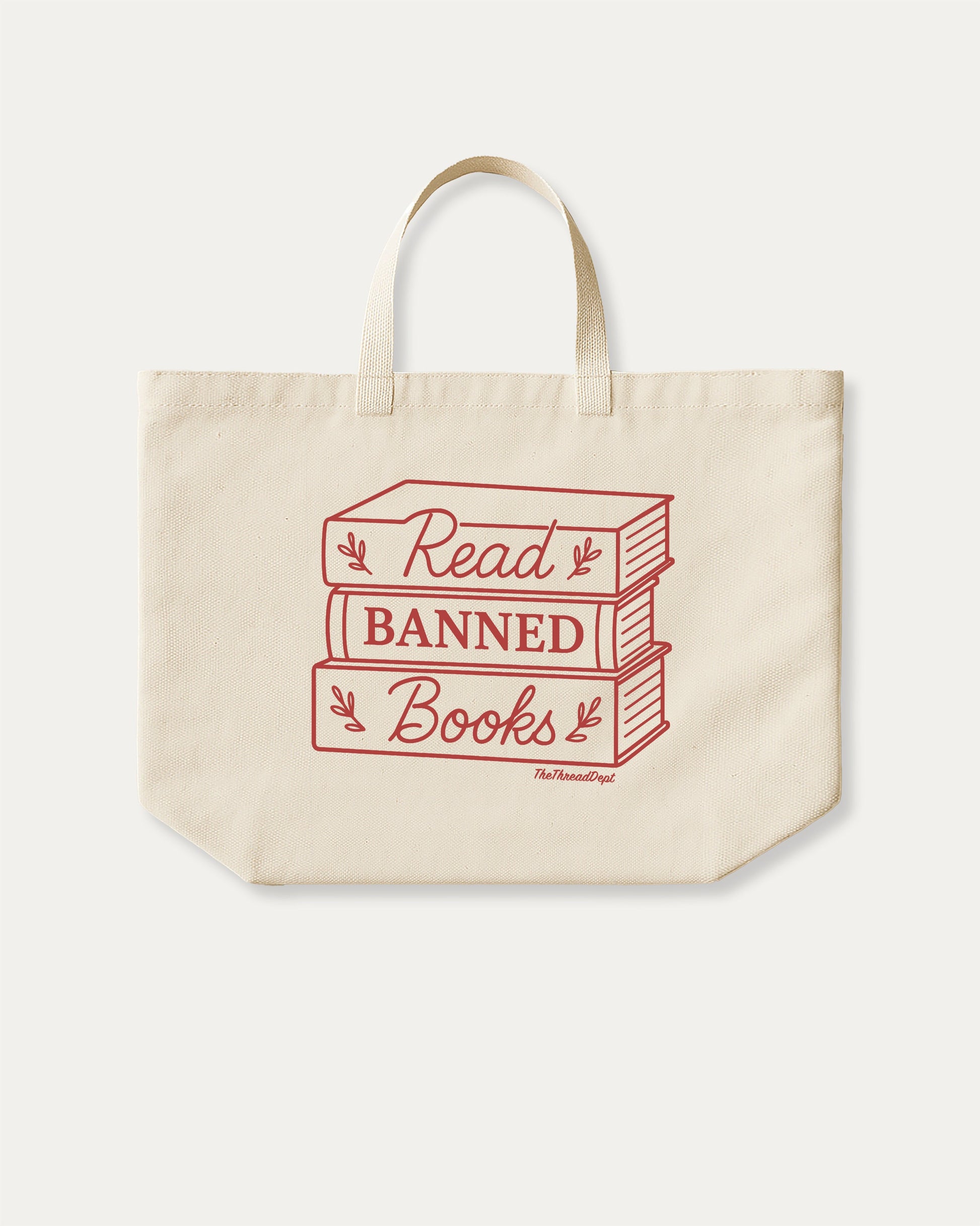 Read Banned Books cotton canvas tote bag with humorous graphic, perfect for everyday carry. A must-have aesthetic accessory, great for shopping, school, or casual days. Special gifts for friends. Natural canvas bag