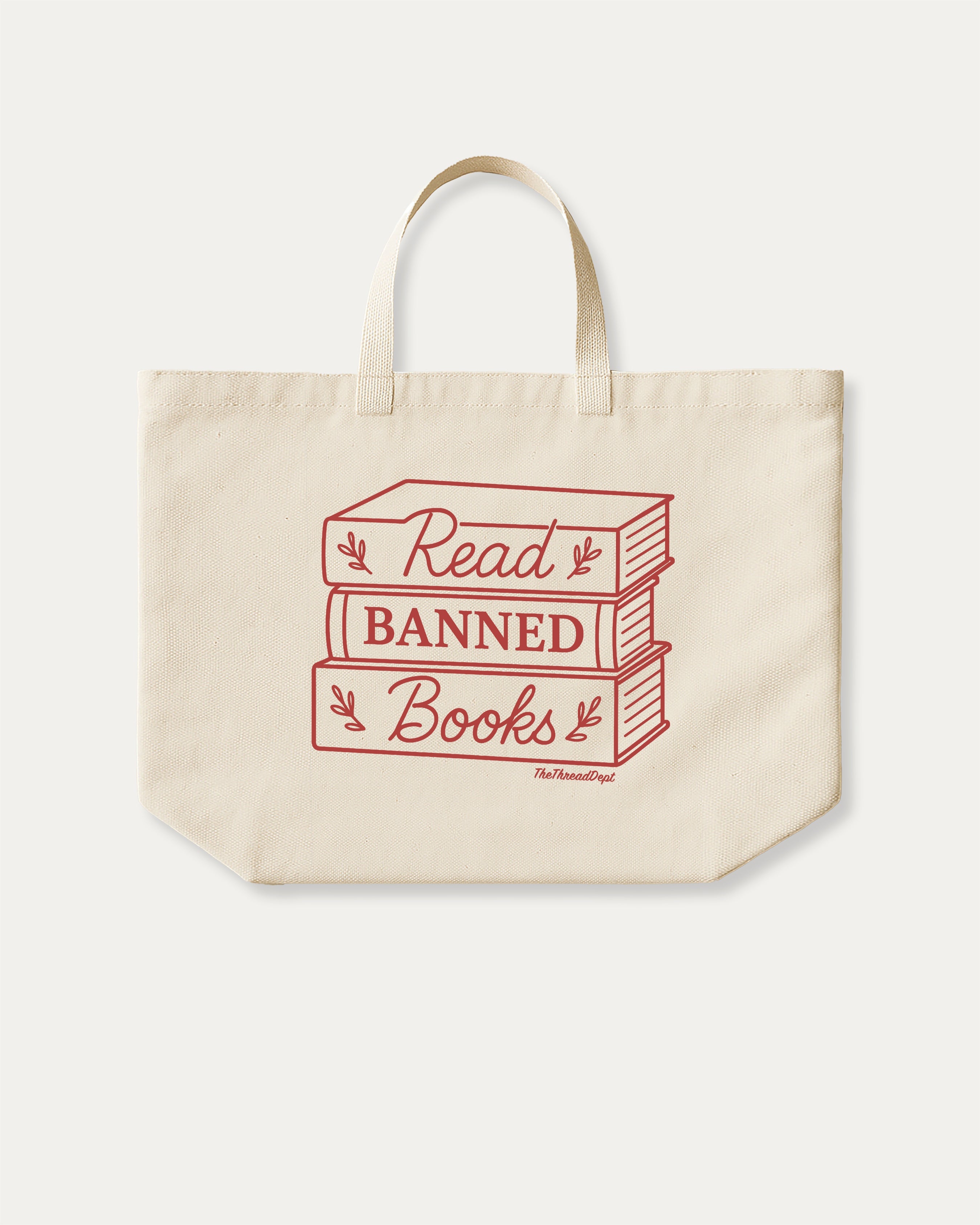 Read Banned Books cotton canvas tote bag with humorous graphic, perfect for everyday carry. A must-have aesthetic accessory, great for shopping, school, or casual days. Special gifts for friends. Natural canvas bag