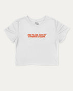 Red Flags Are My Favorite Color graphic crop tee with funny and trendy slogan print, perfect for women’s casual looks or layering. White crop t-shirt.