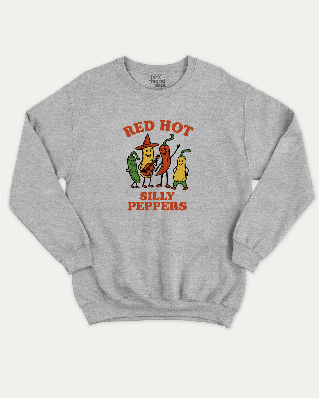 Red Hot Silly Peppers graphic sweatshirt with chili peppers print, warm and cozy graphic for everyday wear. Perfect for adults and gift-giving. Heather Grey pullover.