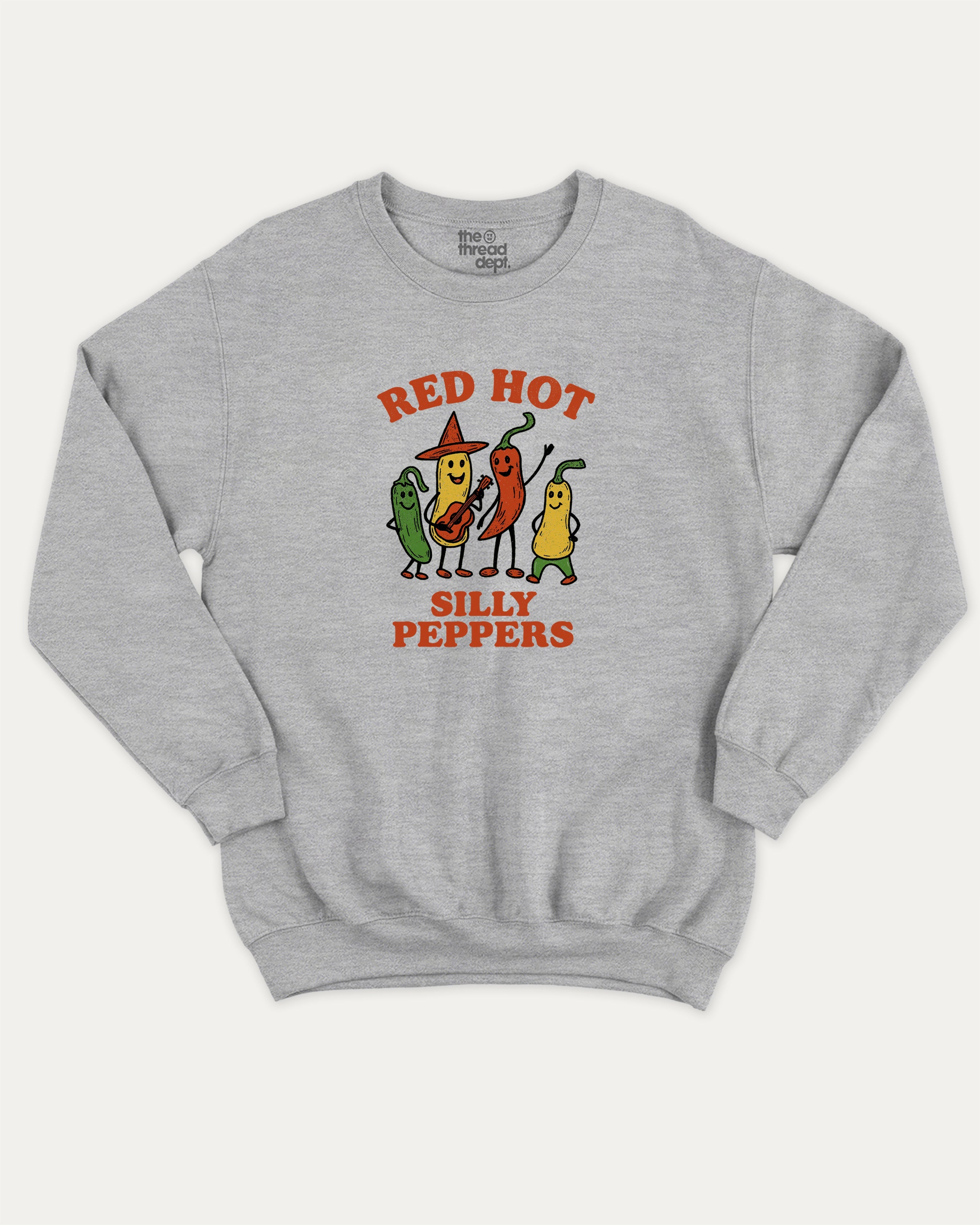 Red Hot Silly Peppers graphic sweatshirt with chili peppers print, warm and cozy graphic for everyday wear. Perfect for adults and gift-giving. Heather Grey pullover.