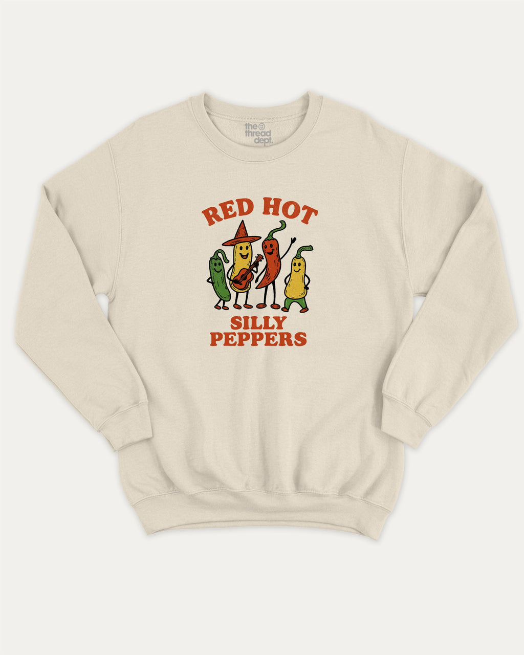 Red Hot Silly Peppers graphic sweatshirt with chili peppers print, warm and cozy graphic for everyday wear. Perfect for adults and gift-giving. Natural pullover.