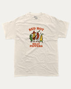 Red Hot Silly Peppers graphic tee with chili peppers print, funny and trendy graphic. Perfect for adults and gift-giving. Cream shirt.