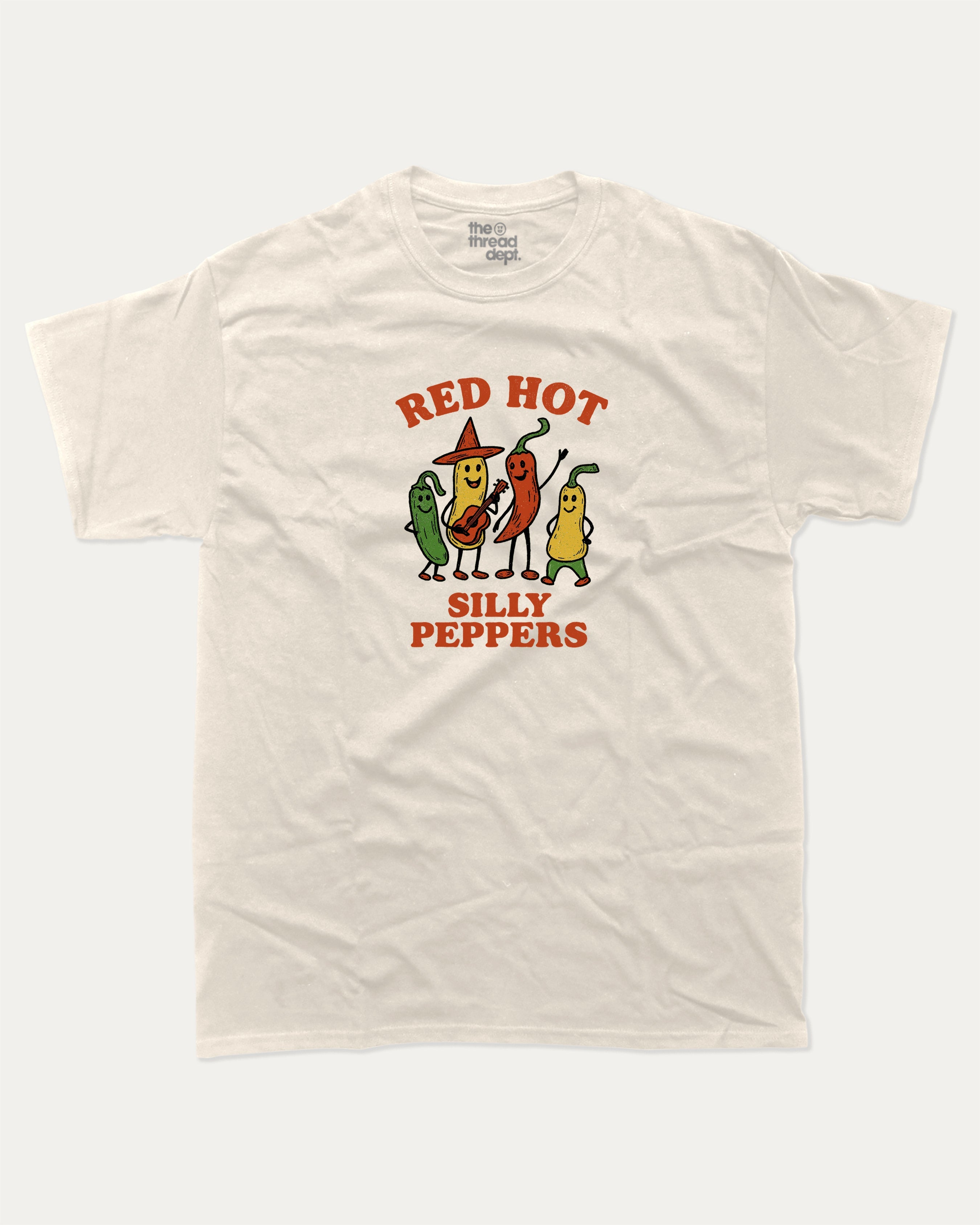 Red Hot Silly Peppers graphic tee with chili peppers print, funny and trendy graphic. Perfect for adults and gift-giving. Cream shirt.