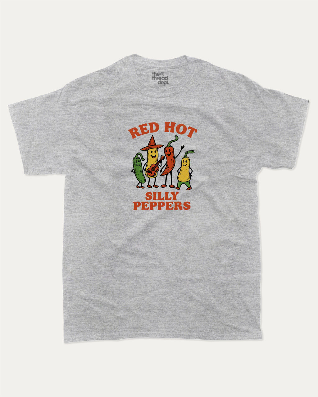 Red Hot Silly Peppers graphic tee with chili peppers print, funny and trendy graphic. Perfect for adults and gift-giving. Heather Grey shirt.