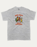 Red Hot Silly Peppers graphic tee with chili peppers print, funny and trendy graphic. Perfect for adults and gift-giving. Heather Grey shirt.