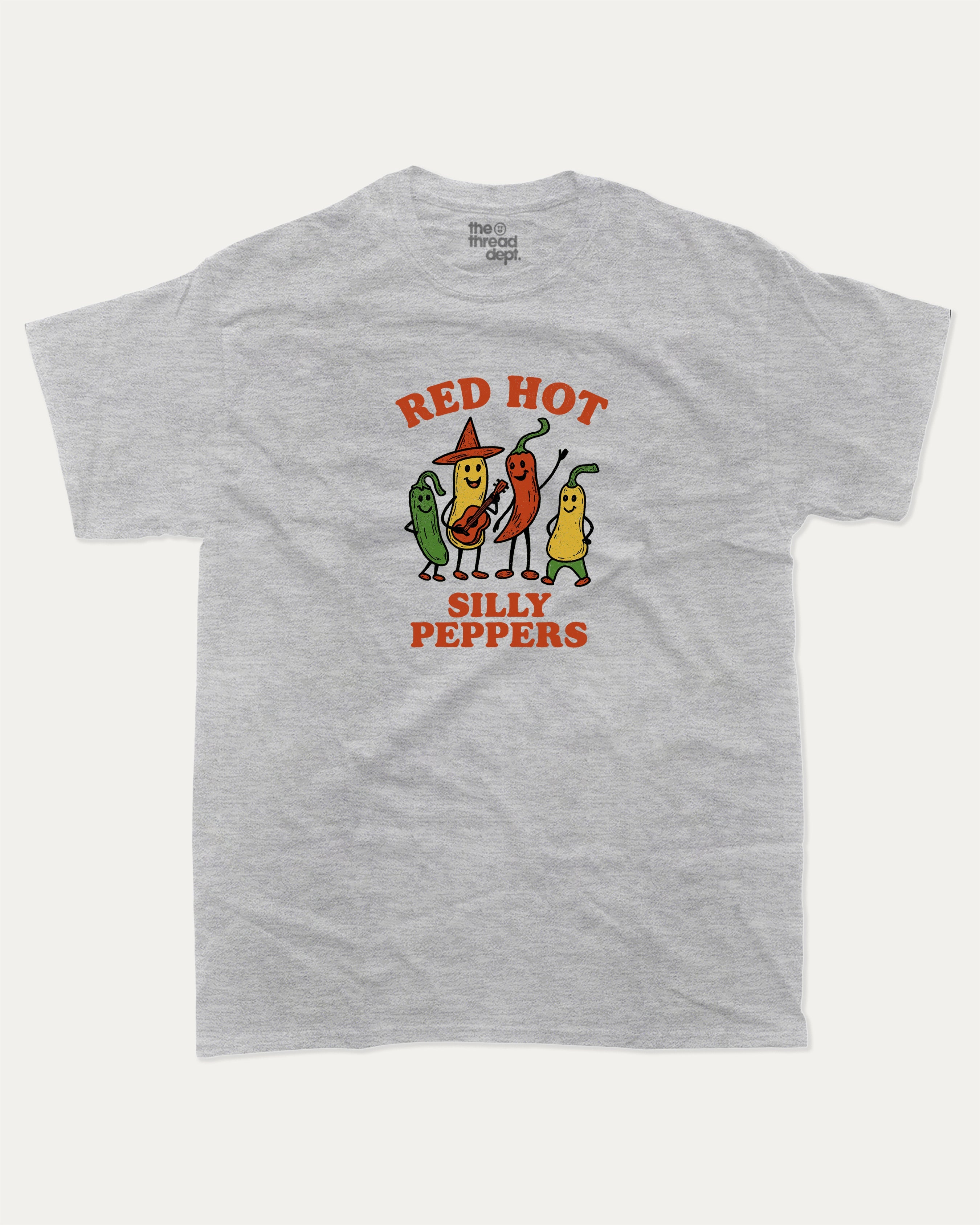 Red Hot Silly Peppers graphic tee with chili peppers print, funny and trendy graphic. Perfect for adults and gift-giving. Heather Grey shirt.