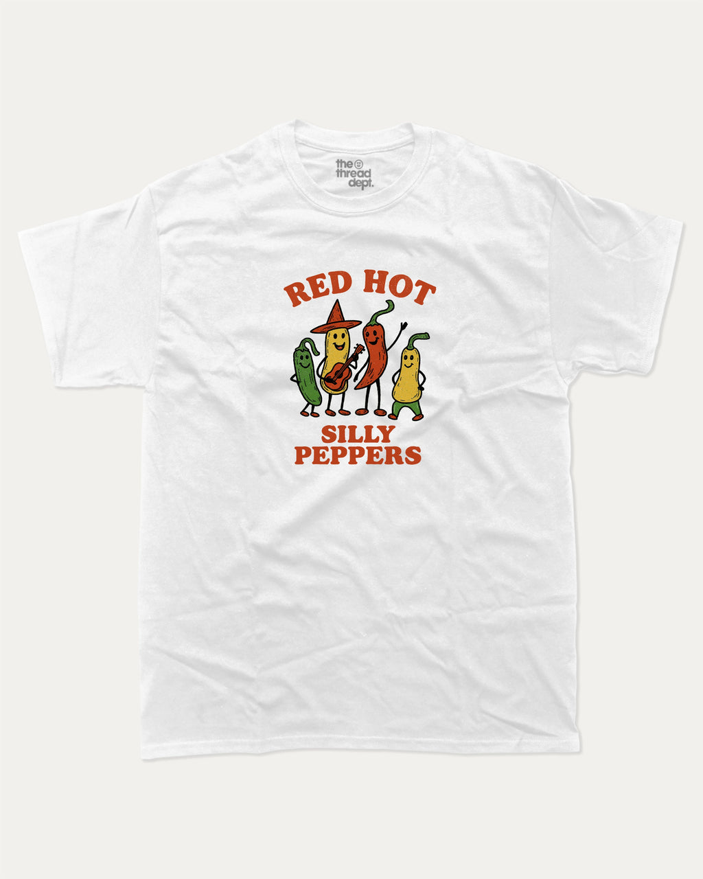 Red Hot Silly Peppers graphic tee with chili peppers print, funny and trendy graphic. Perfect for adults and gift-giving. White shirt.