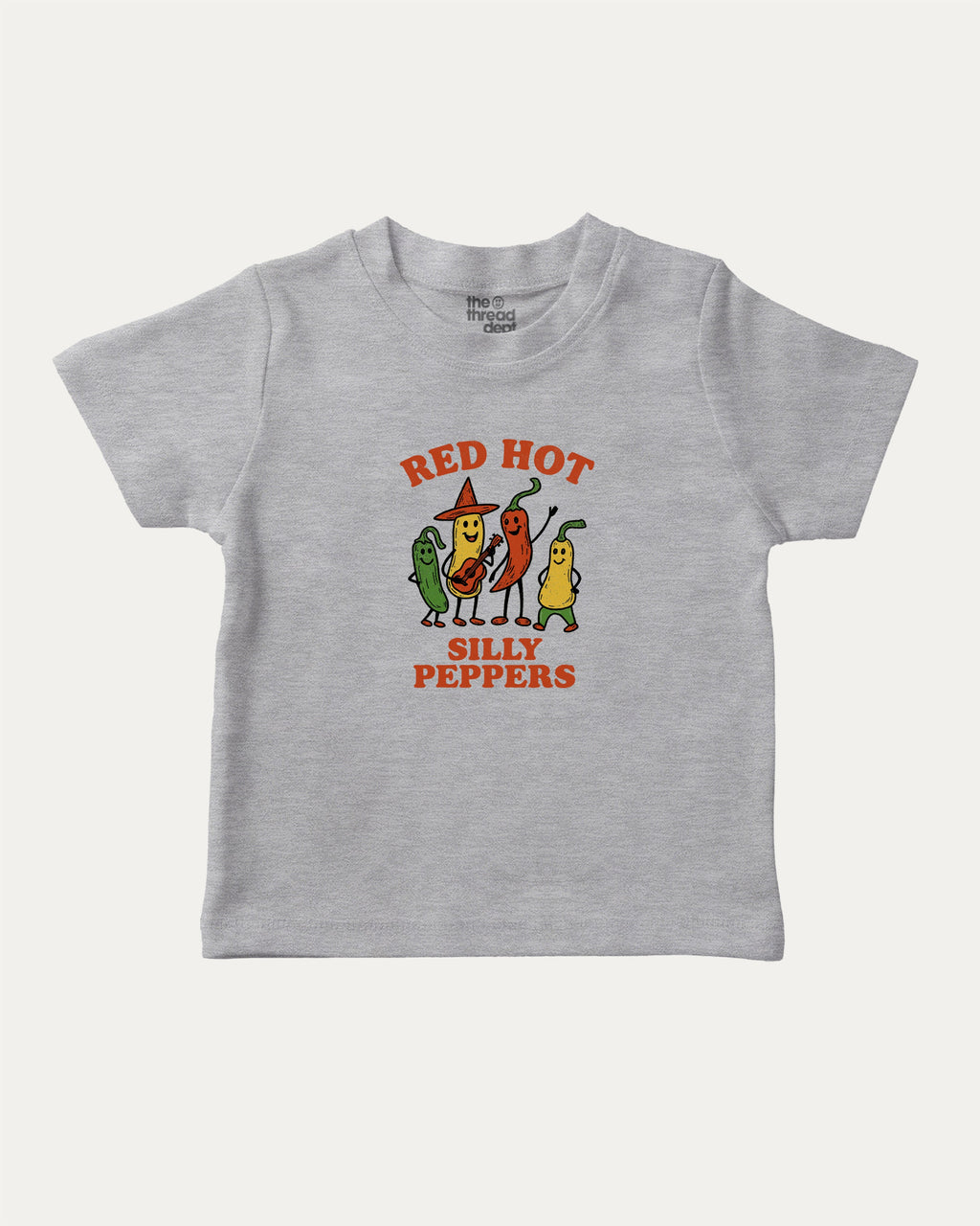 Red Hot Silly Peppers graphic tee with bold and humorous print, funny and trendy graphic. Perfect for adults and gift-giving. Heather Grey shirt.
