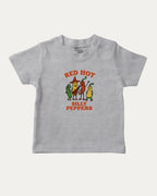 Red Hot Silly Peppers graphic tee with bold and humorous print, funny and trendy graphic. Perfect for adults and gift-giving. Heather Grey shirt.