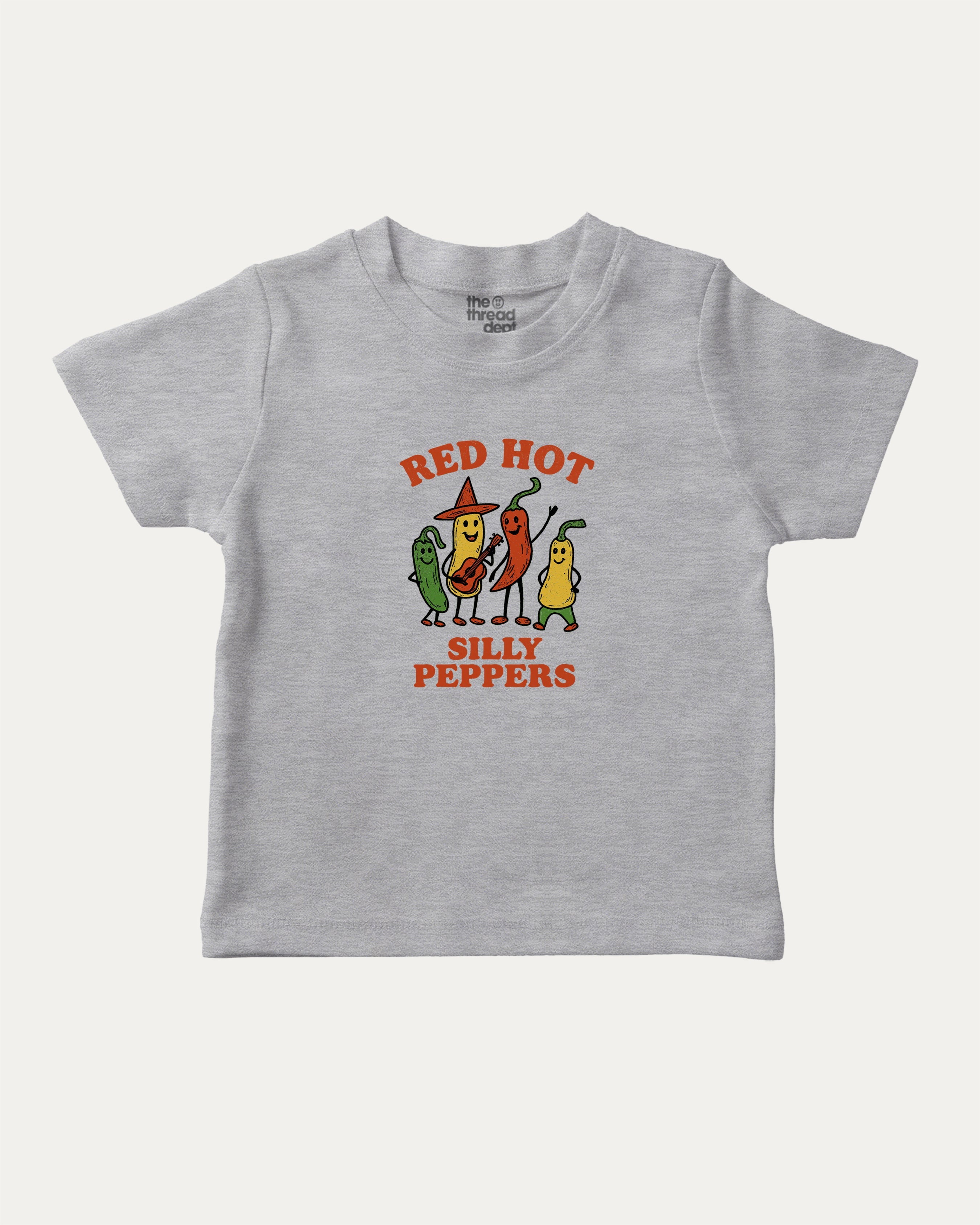 Red Hot Silly Peppers graphic tee with bold and humorous print, funny and trendy graphic. Perfect for adults and gift-giving. Heather Grey shirt.