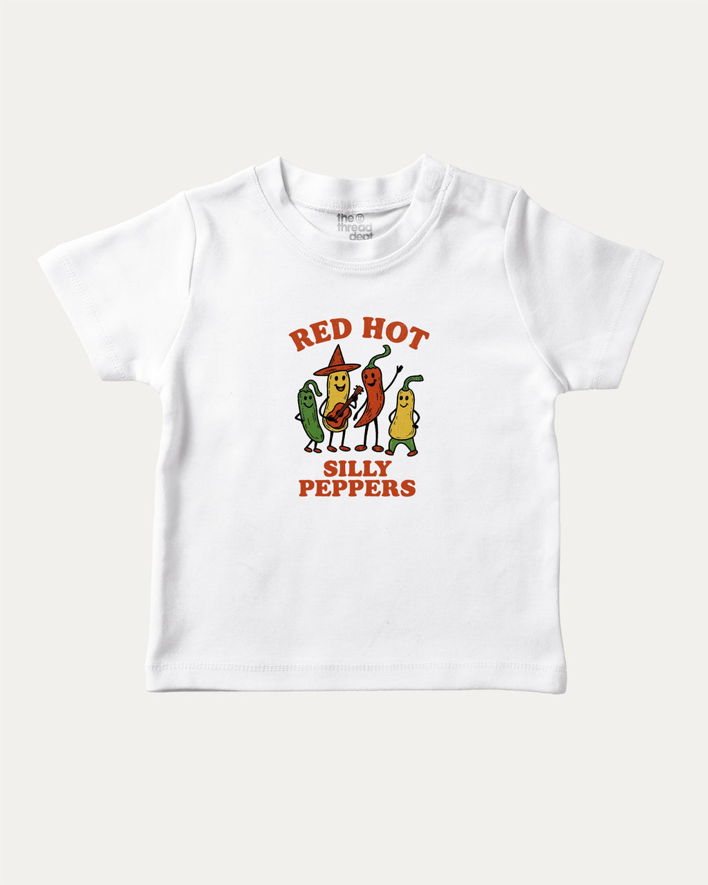 Red Hot Silly Peppers graphic tee with bold and humorous print, funny and trendy graphic. Perfect for adults and gift-giving. White shirt.