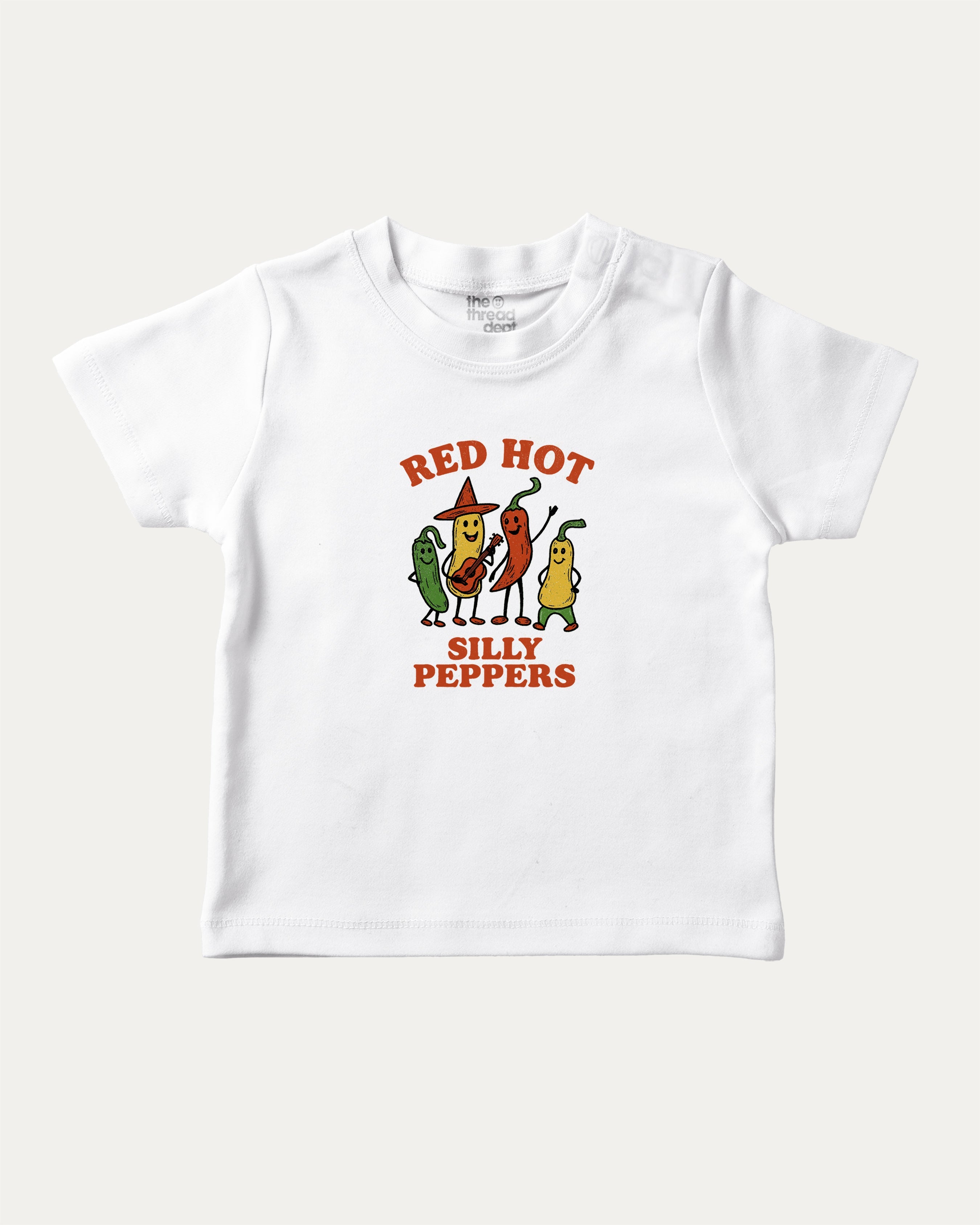 Red Hot Silly Peppers graphic tee with bold and humorous print, funny and trendy graphic. Perfect for adults and gift-giving. White shirt.