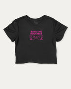 Save The Boo Bees graphic crop tee with funny and trendy slogan print, perfect for women_ breast cancer awareness. Black crop t-shirt.
