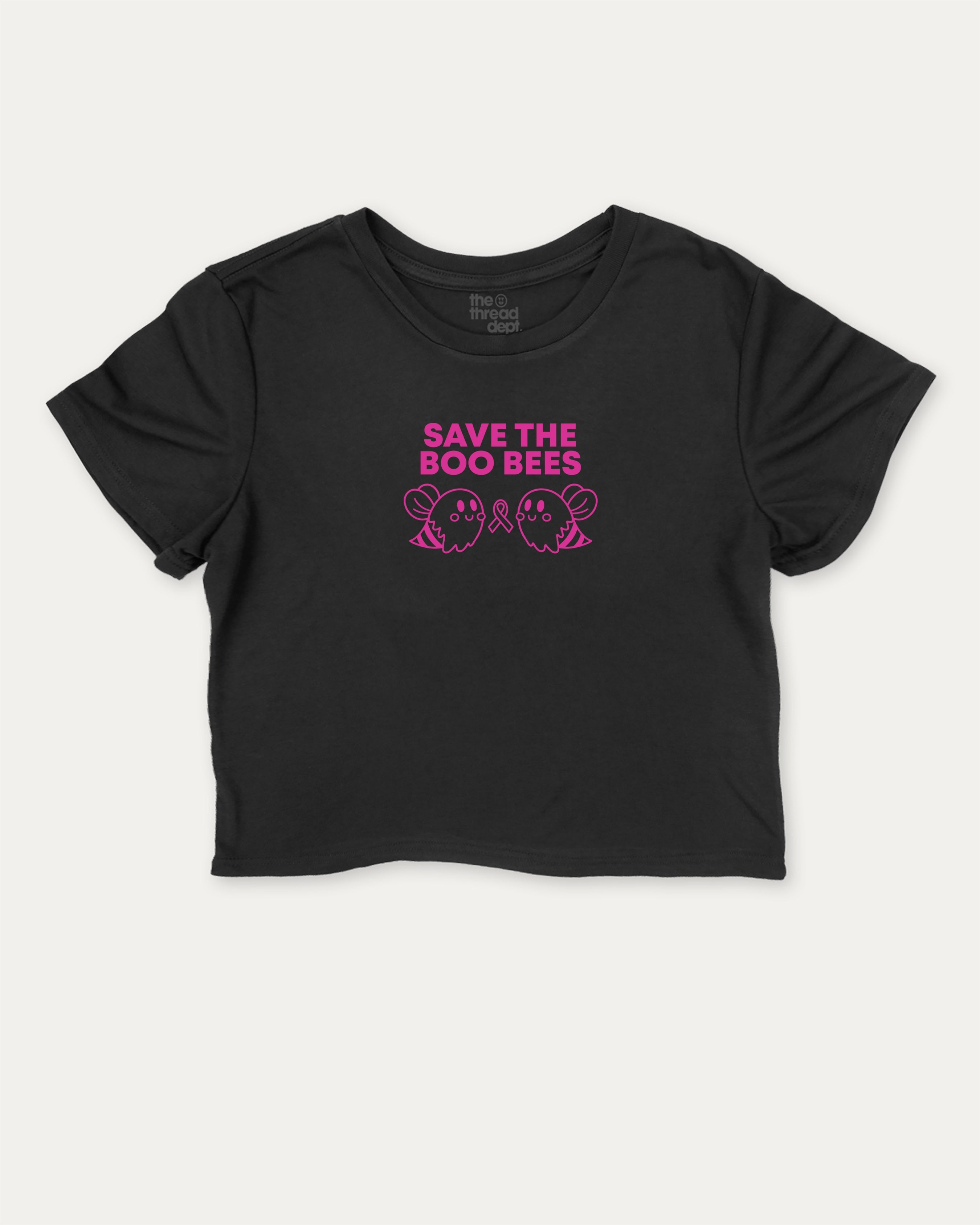 Save The Boo Bees graphic crop tee with funny and trendy slogan print, perfect for women_ breast cancer awareness. Black crop t-shirt.