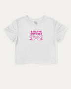 Save The Boo Bees graphic crop tee with funny and trendy slogan print, perfect for women_ breast cancer awareness. White crop t-shirt.