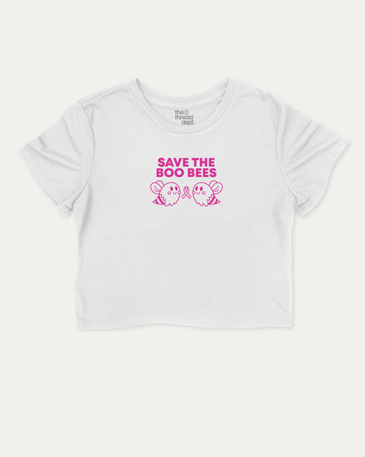 Save The Boo Bees graphic crop tee with funny and trendy slogan print, perfect for women’s breast cancer awareness. White crop t-shirt.
