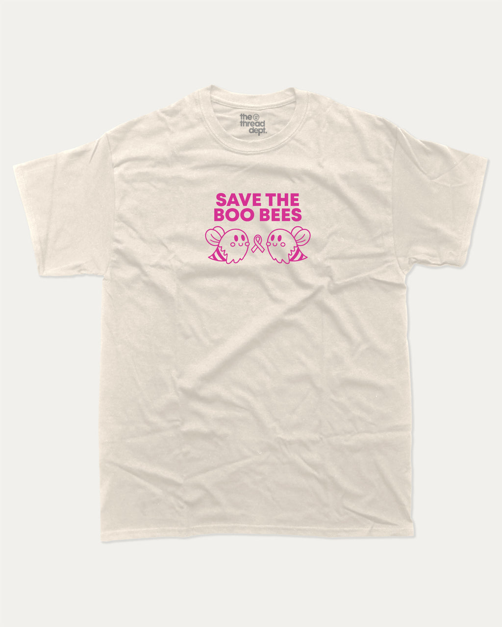 Save The Boo Bees graphic tee with humorous breast cancer awareness print, funny and trendy graphic. Perfect for adults and gift-giving. Cream shirt.