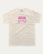 Save The Boo Bees graphic tee with humorous breast cancer awareness print, funny and trendy graphic. Perfect for adults and gift-giving. Cream shirt.