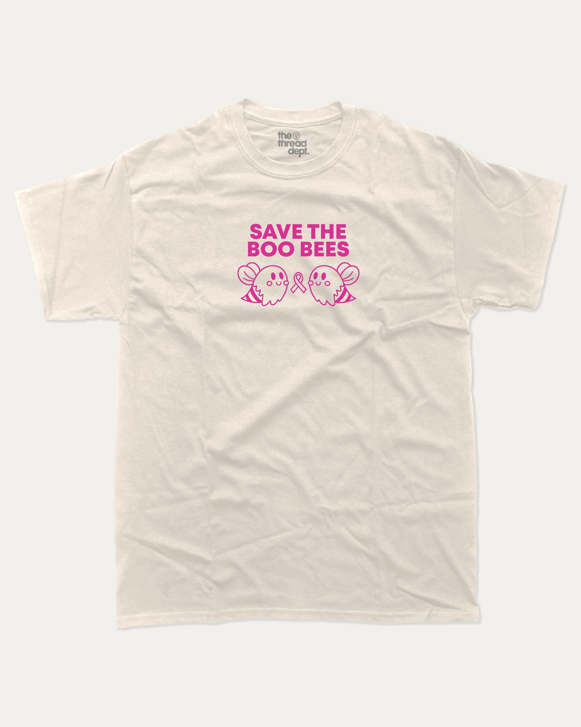 Save The Boo Bees graphic tee with humorous breast cancer awareness print, funny and trendy graphic. Perfect for adults and gift-giving. Cream shirt.