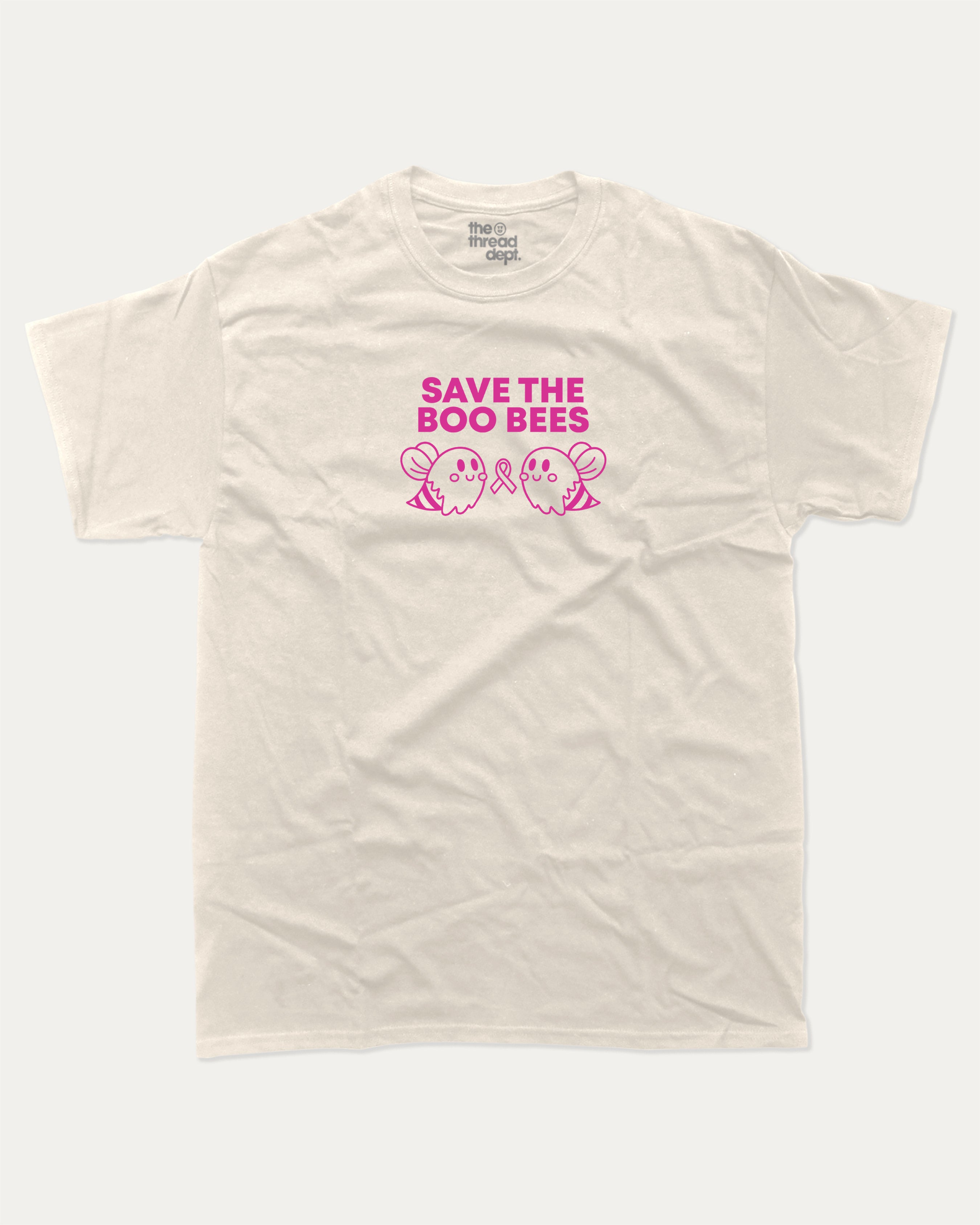 Save The Boo Bees graphic tee with humorous breast cancer awareness print, funny and trendy graphic. Perfect for adults and gift-giving. Cream shirt.