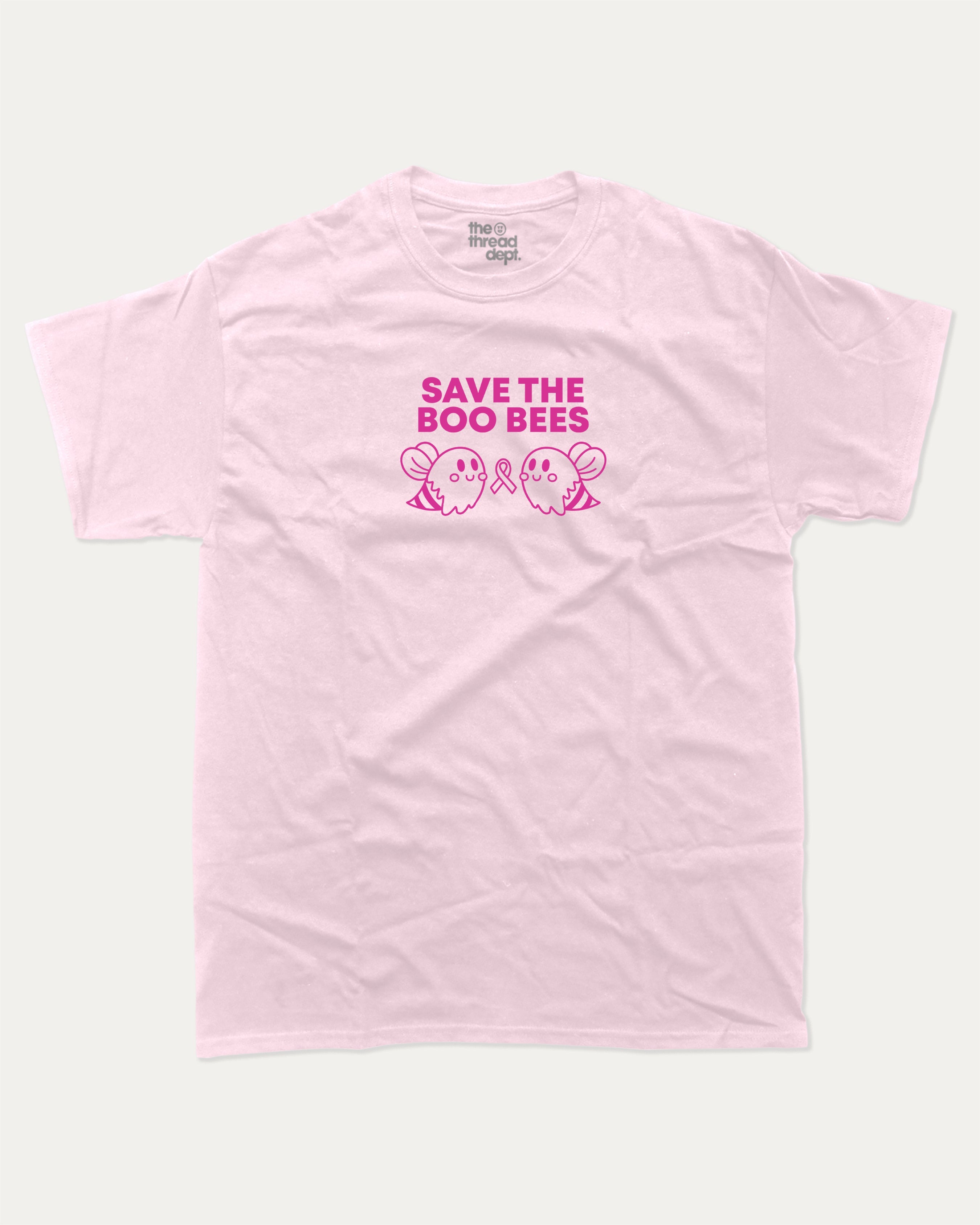 Save The Boo Bees graphic tee with humorous breast cancer awareness print, funny and trendy graphic. Perfect for adults and gift-giving. Pink shirt.
