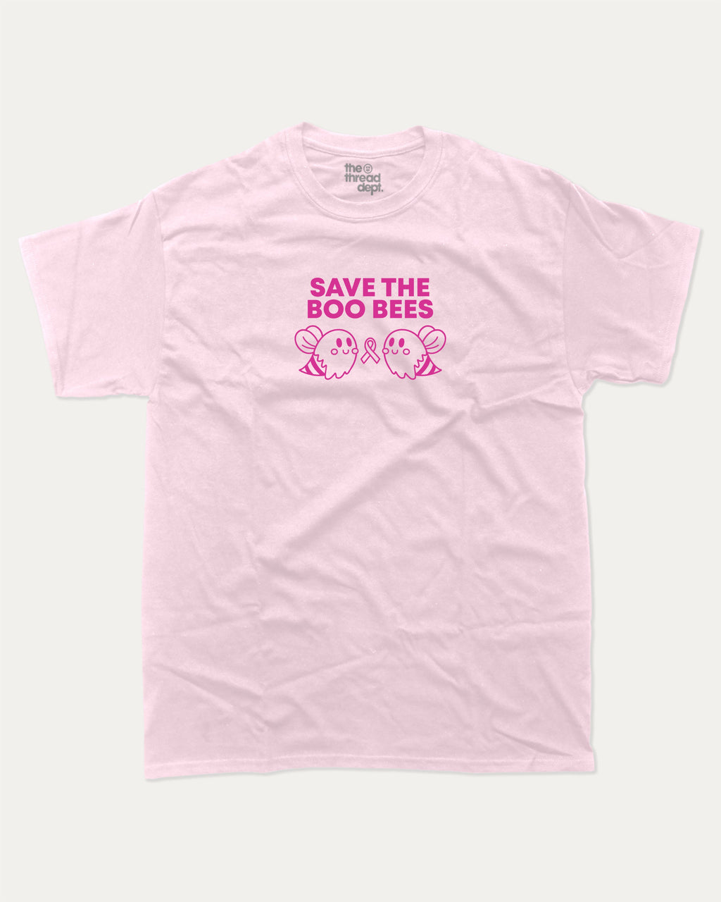 Save The Boo Bees graphic tee with humorous breast cancer awareness print, funny and trendy graphic. Perfect for adults and gift-giving. Pink shirt.