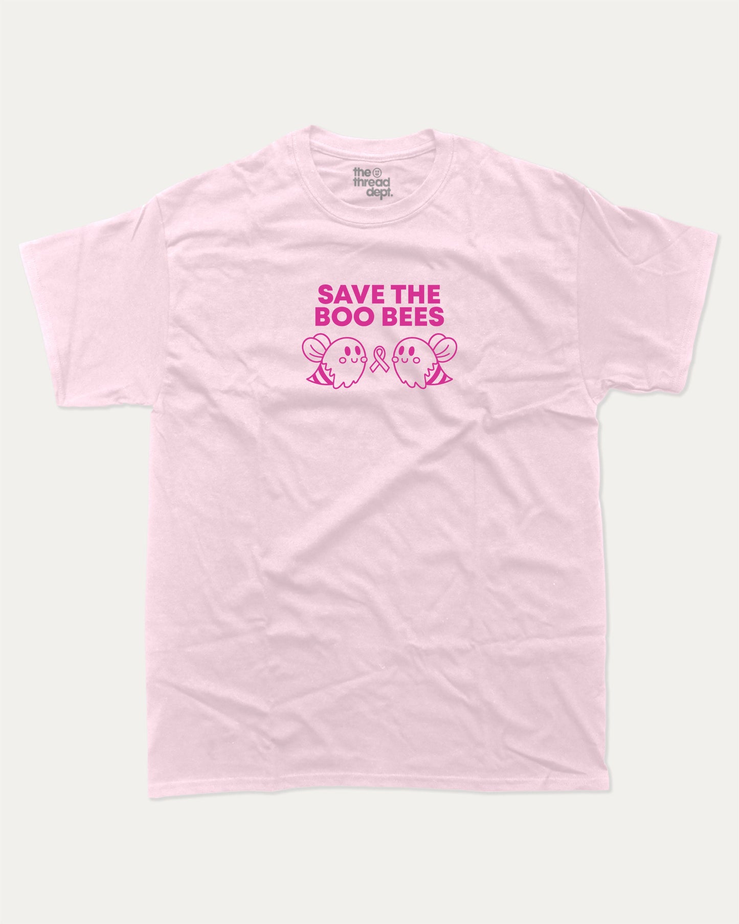 Save The Boo Bees graphic tee with humorous breast cancer awareness print, funny and trendy graphic. Perfect for adults and gift-giving. Pink shirt.