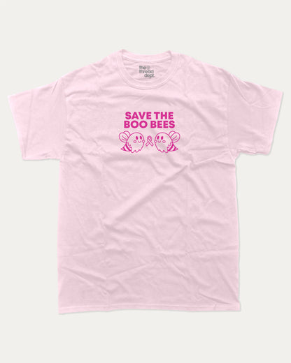 Save The Boo Bees graphic tee with humorous breast cancer awareness print, funny and trendy graphic. Perfect for adults and gift-giving. Pink shirt.