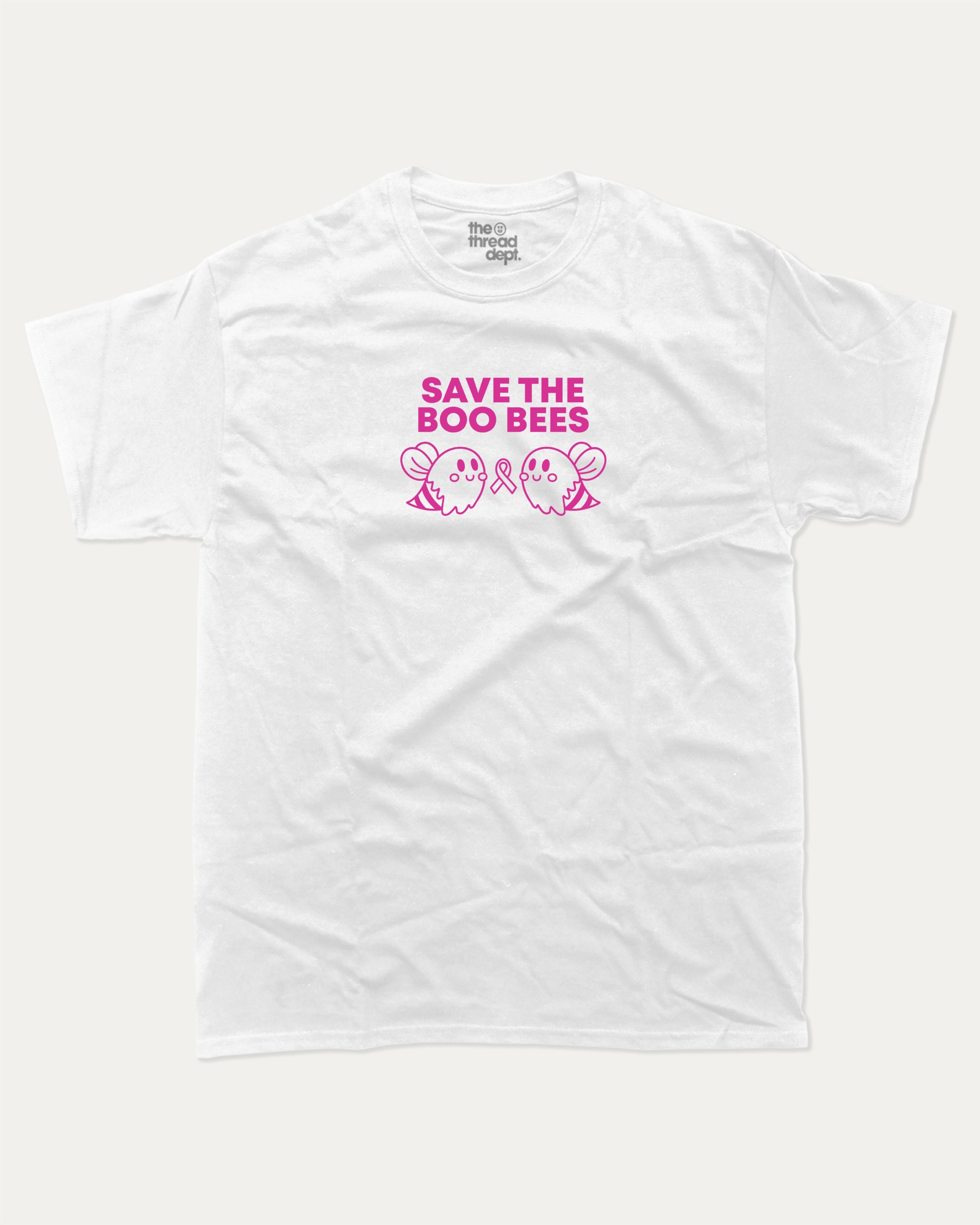 Save The Boo Bees graphic tee with humorous breast cancer awareness print, funny and trendy graphic. Perfect for adults and gift-giving. White shirt.