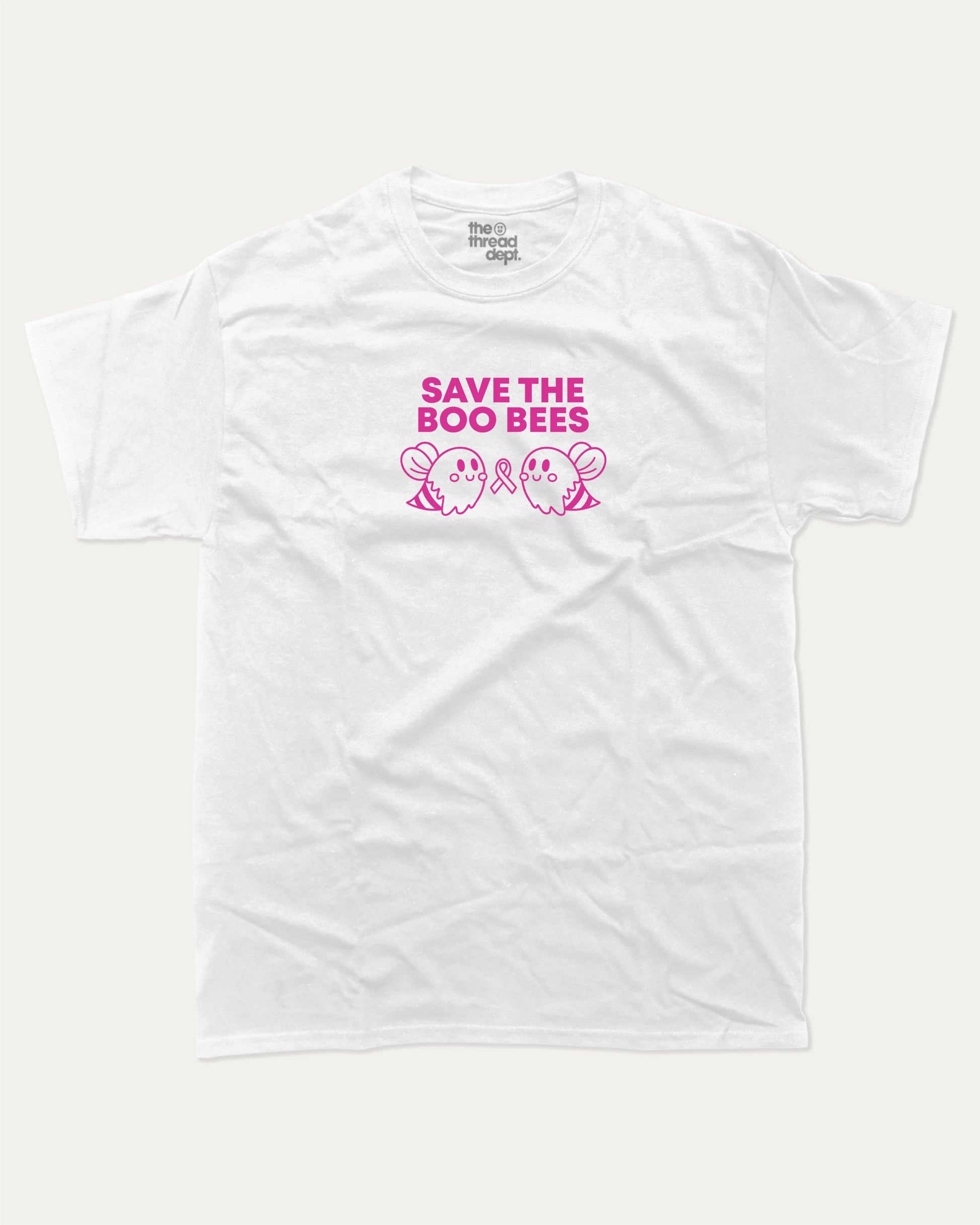Save The Boo Bees graphic tee with humorous breast cancer awareness print, funny and trendy graphic. Perfect for adults and gift-giving. White shirt.