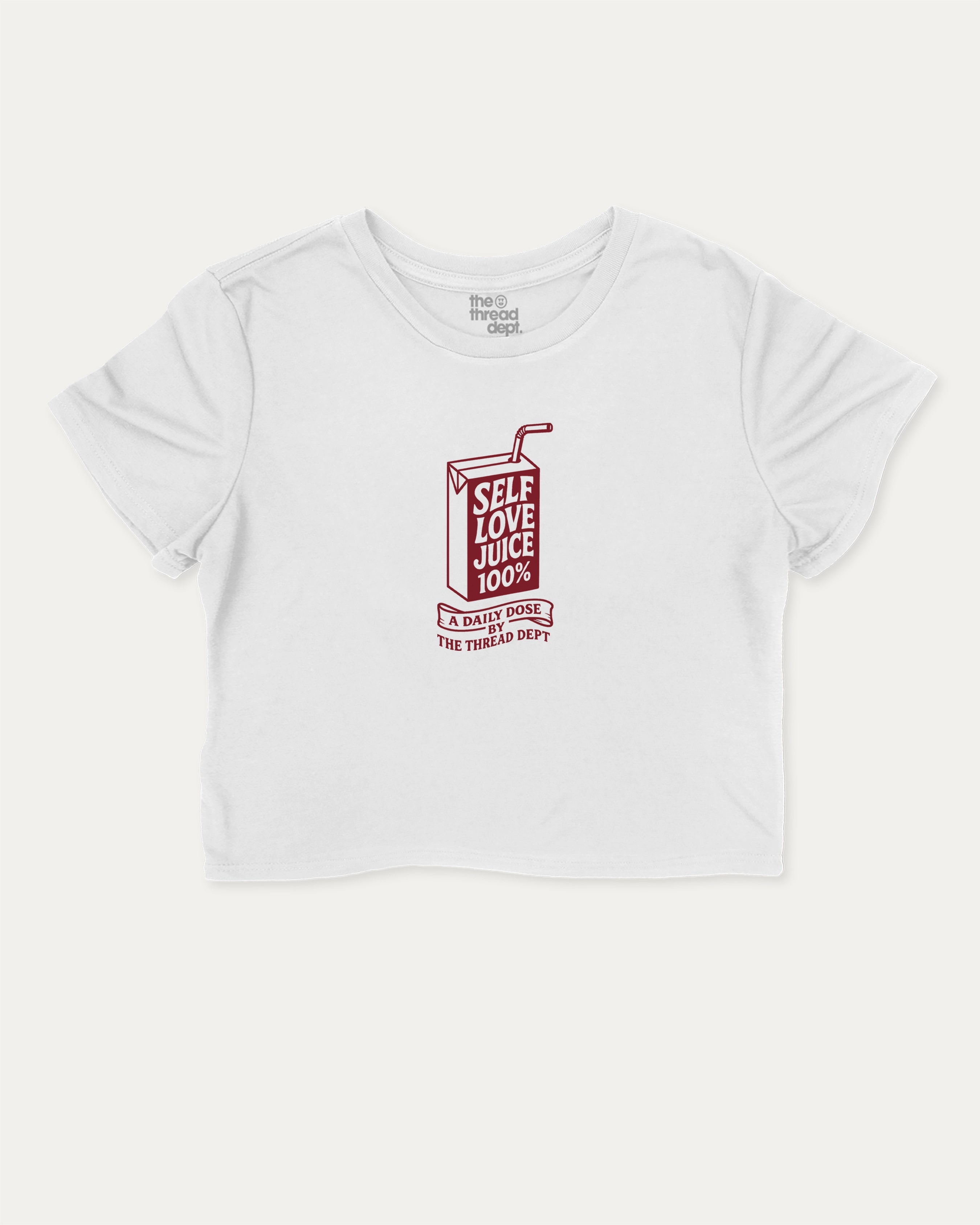 Self Love Juice graphic crop tee with funny and trendy slogan print, perfect for women_ casual looks or layering. White crop t-shirt.
