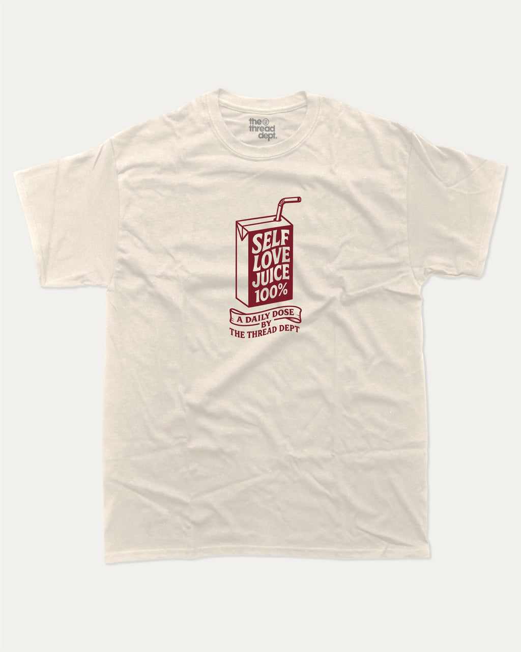 Self Love Juice graphic tee with bold and humorous print, funny and trendy graphic. Perfect for adults and gift-giving. Cream shirt.