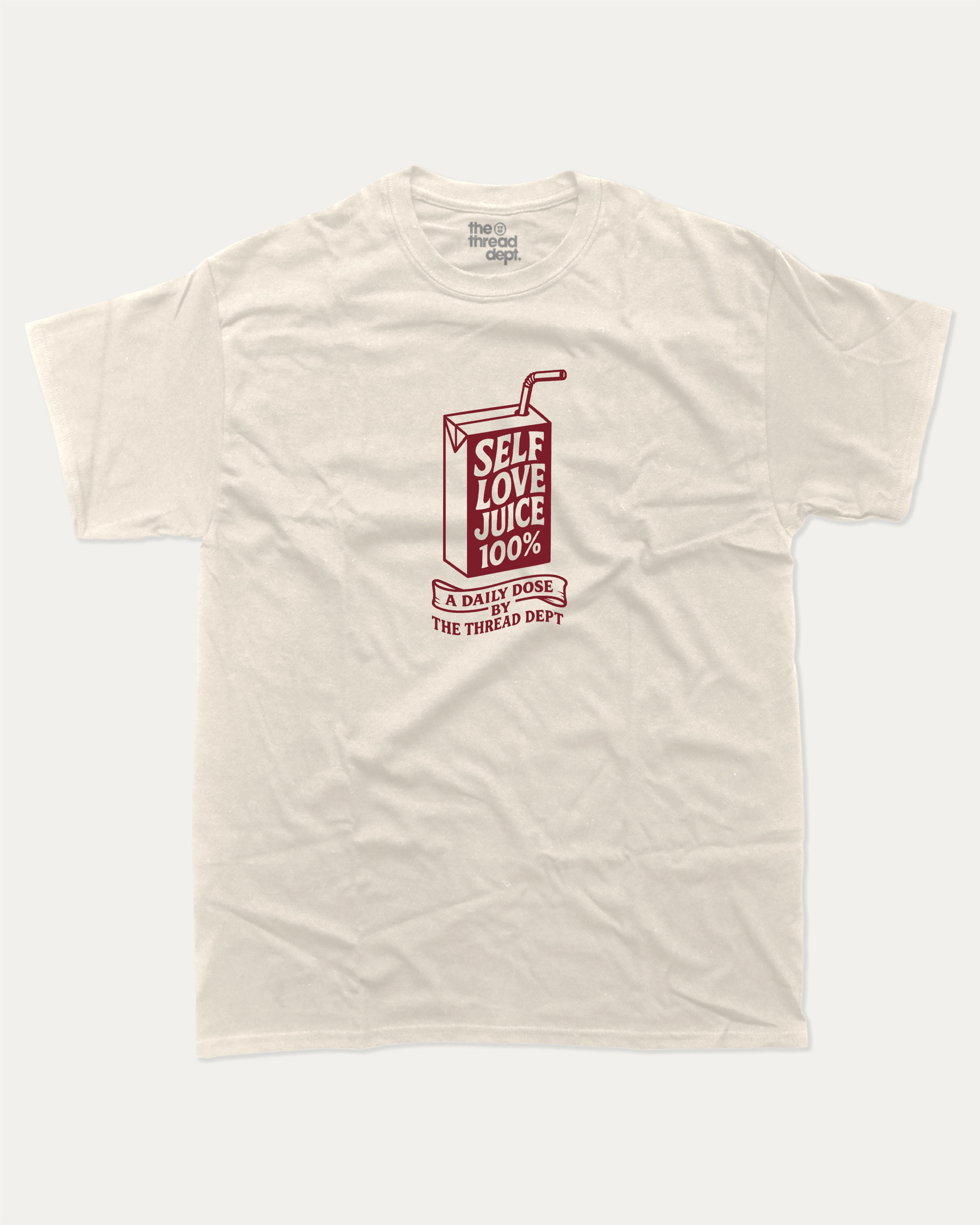 Self Love Juice graphic tee with bold and humorous print, funny and trendy graphic. Perfect for adults and gift-giving. Cream shirt.