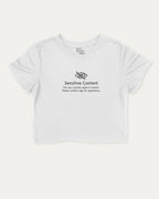 Sensitive content graphic crop tee with funny and trendy slogan print, perfect for women’s casual looks or layering. White crop t-shirt.