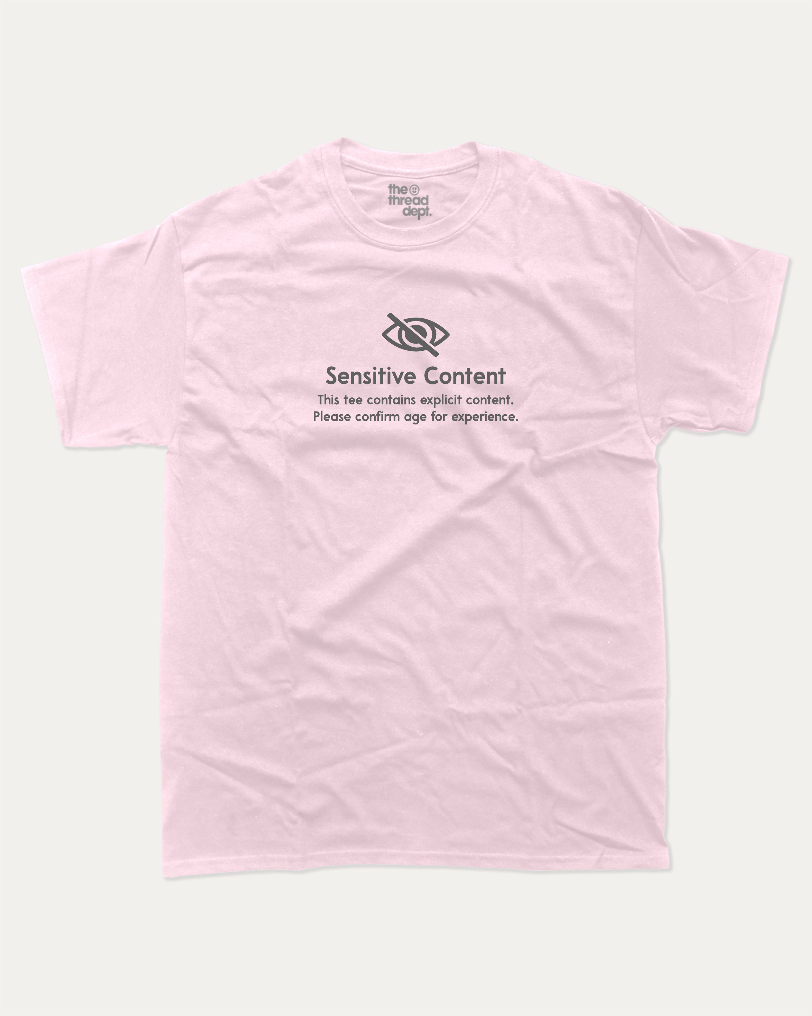 Sensitive content graphic tee with bold and humorous print, funny and trendy graphic. Perfect for adults and gift-giving. Pink shirt.