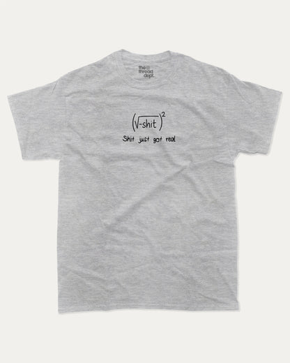 Shit Just Got Real graphic t-shirt, perfect for adults. A must-have funny tee, trending meme shirt, unique gift idea. Heather Grey.