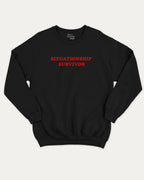 Situationship Survivor graphic sweatshirt with bold and humorous print, warm and cozy graphic for everyday wear. Perfect for adults and gift-giving. Black pullover.