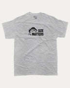 Size Matters graphic tee with bold and humorous print, funny and trendy graphic. Perfect for adults and gift-giving. Heather Grey shirt.