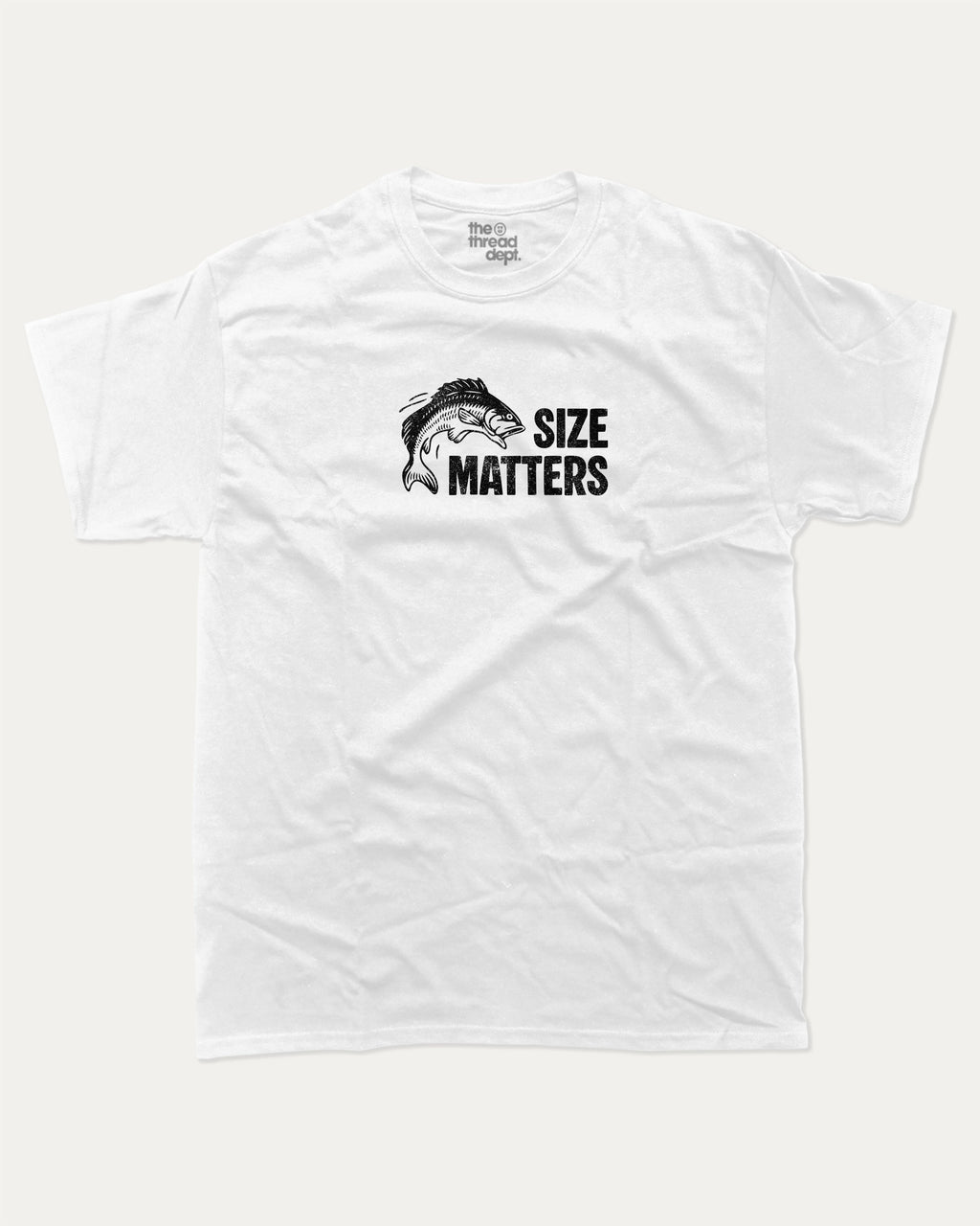 Size Matters graphic tee with bold and humorous print, funny and trendy graphic. Perfect for adults and gift-giving. White shirt.