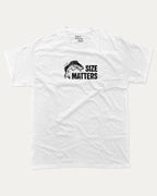 Size Matters graphic tee with bold and humorous print, funny and trendy graphic. Perfect for adults and gift-giving. White shirt.