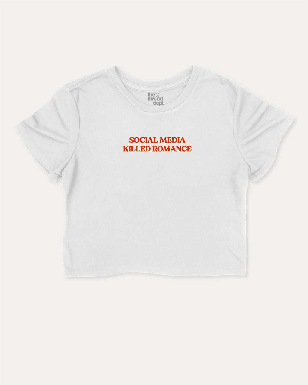 Social Media Killed Romance graphic crop tee with funny and trendy slogan print, perfect for women_ casual looks or layering. White crop t-shirt.