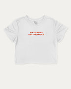 Social Media Killed Romance graphic crop tee with funny and trendy slogan print, perfect for women_ casual looks or layering. White crop t-shirt.