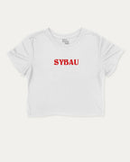 Sybau graphic crop tee with funny and trendy slogan print, perfect for women’s casual looks or layering. White crop t-shirt.