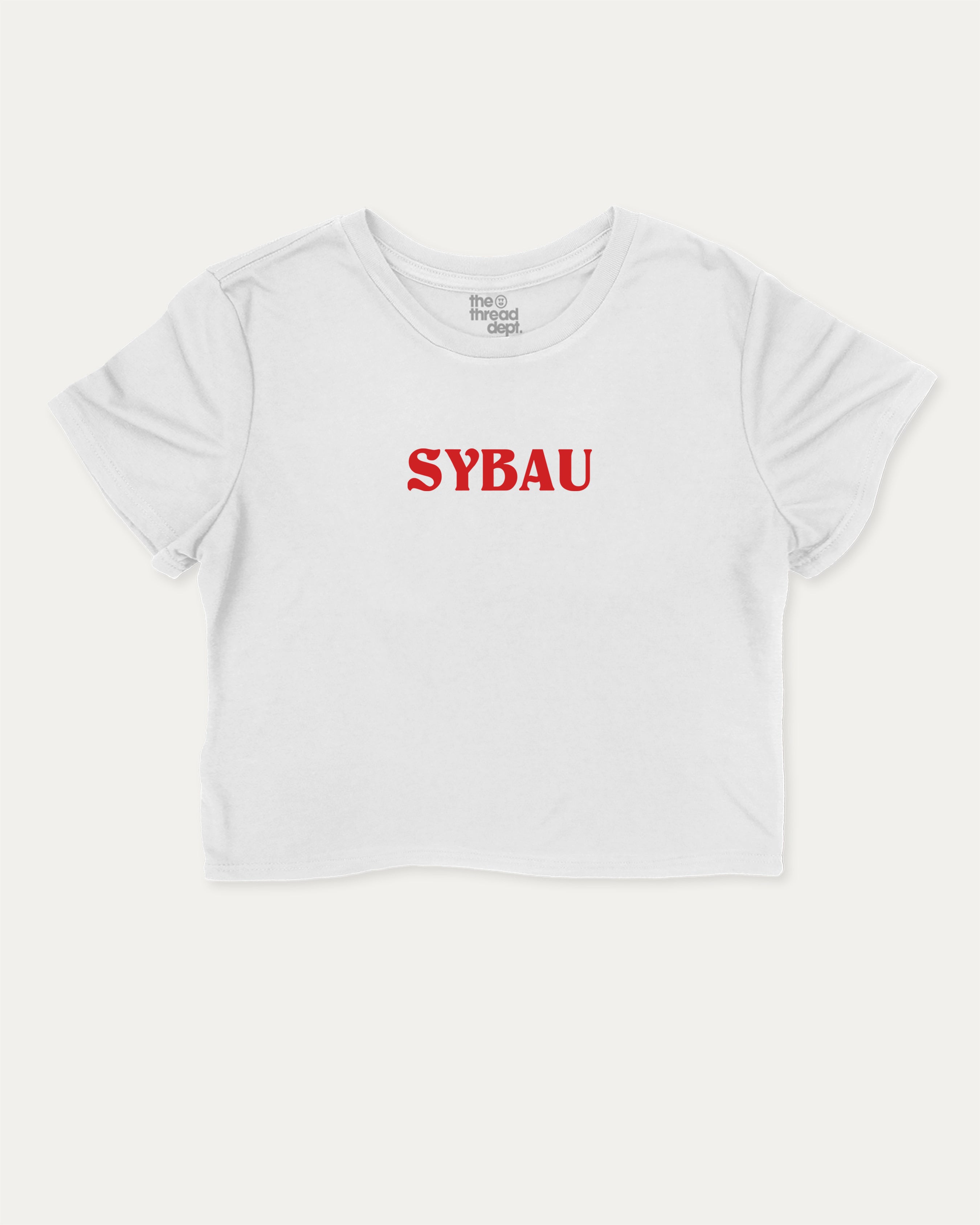 Sybau graphic crop tee with funny and trendy slogan print, perfect for women’s casual looks or layering. White crop t-shirt.