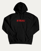 Sybau graphic hoodie with funny and trendy artwork, casual streetwear with bold personality. Great for adults and gifting. Black hoodie.
