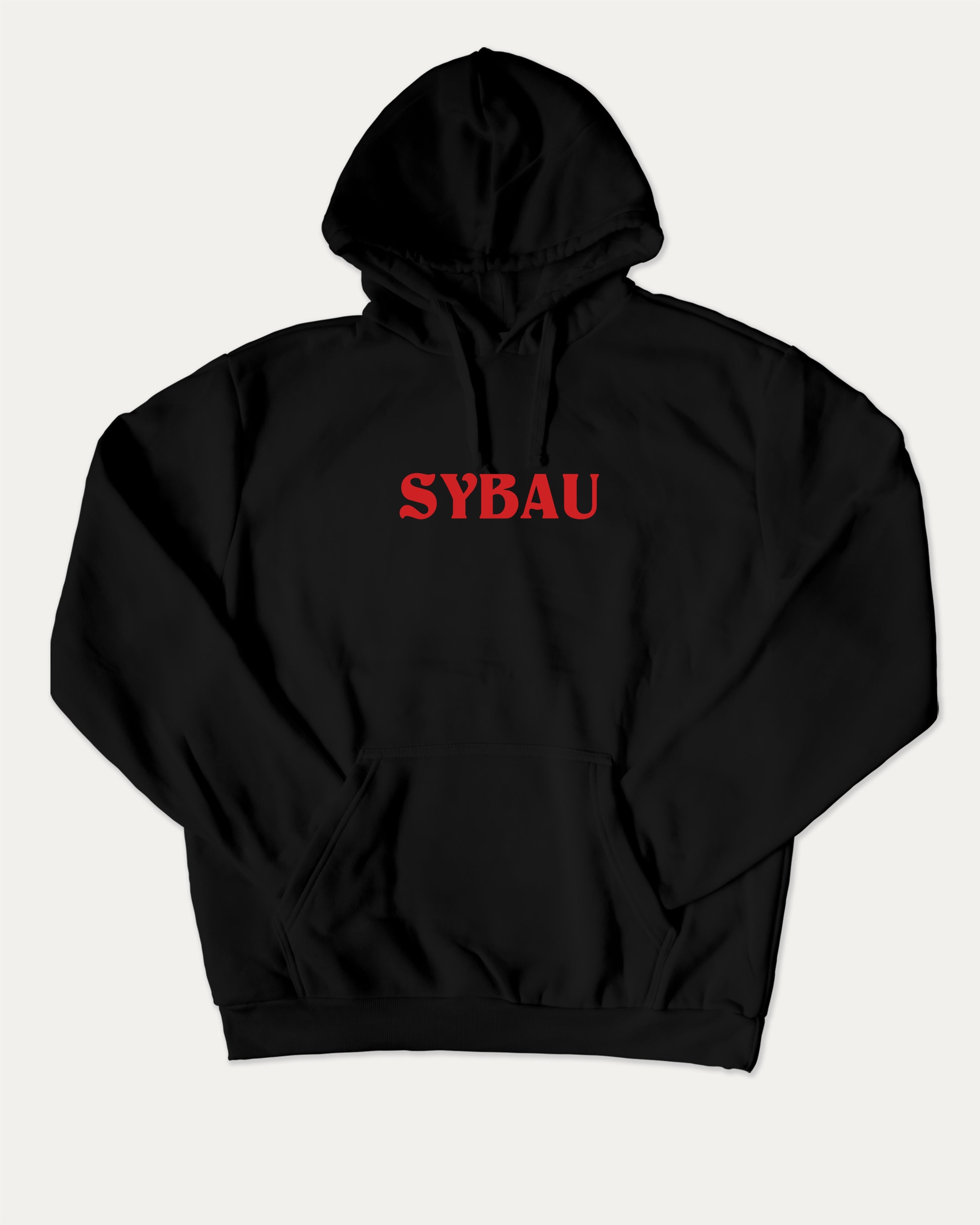 Sybau graphic hoodie with funny and trendy artwork, casual streetwear with bold personality. Great for adults and gifting. Black hoodie.