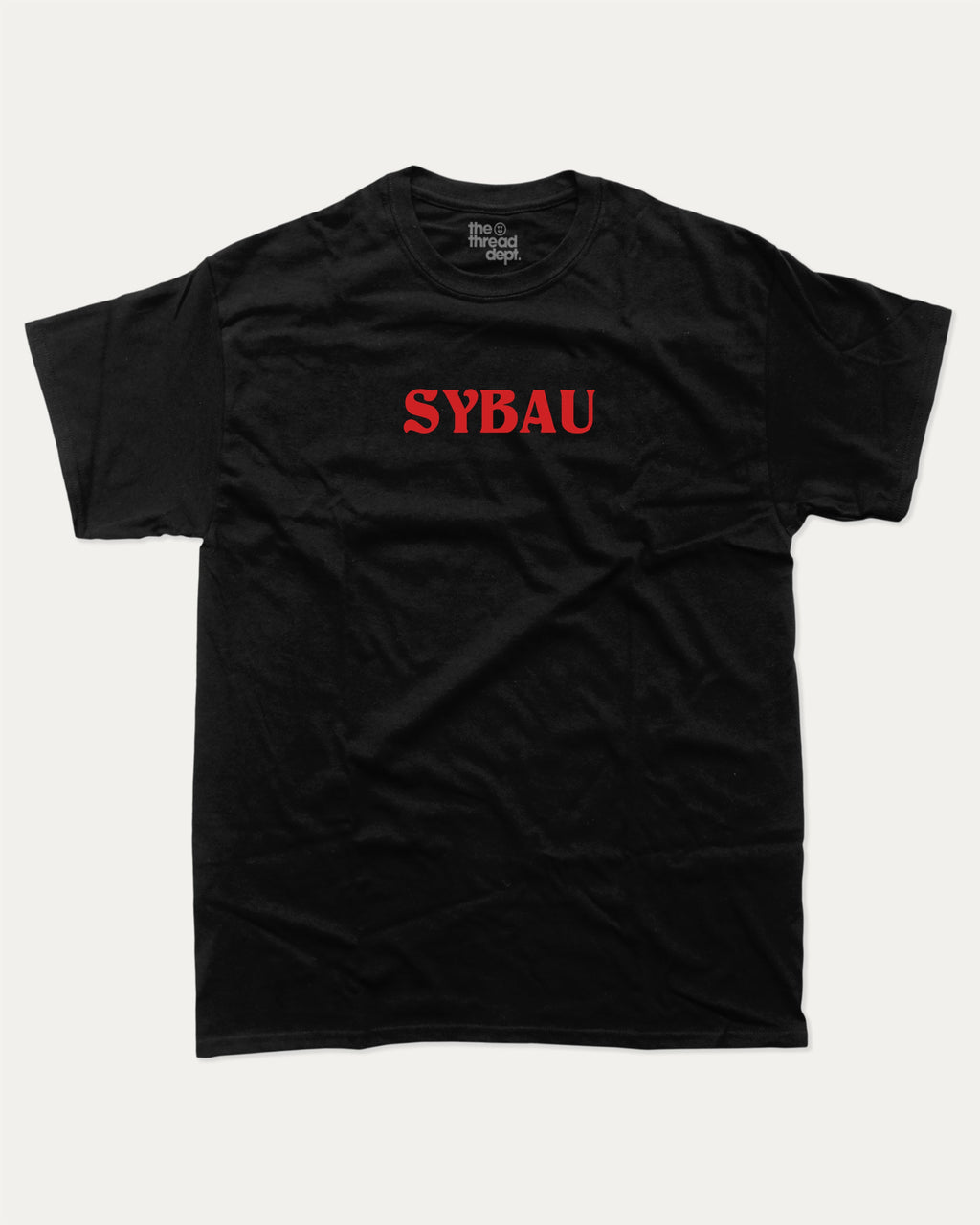 Sybau graphic tee with bold and humorous print, funny and trendy graphic. Perfect for adults and gift-giving. Black shirt.