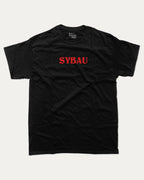 Sybau graphic tee with bold and humorous print, funny and trendy graphic. Perfect for adults and gift-giving. Black shirt.