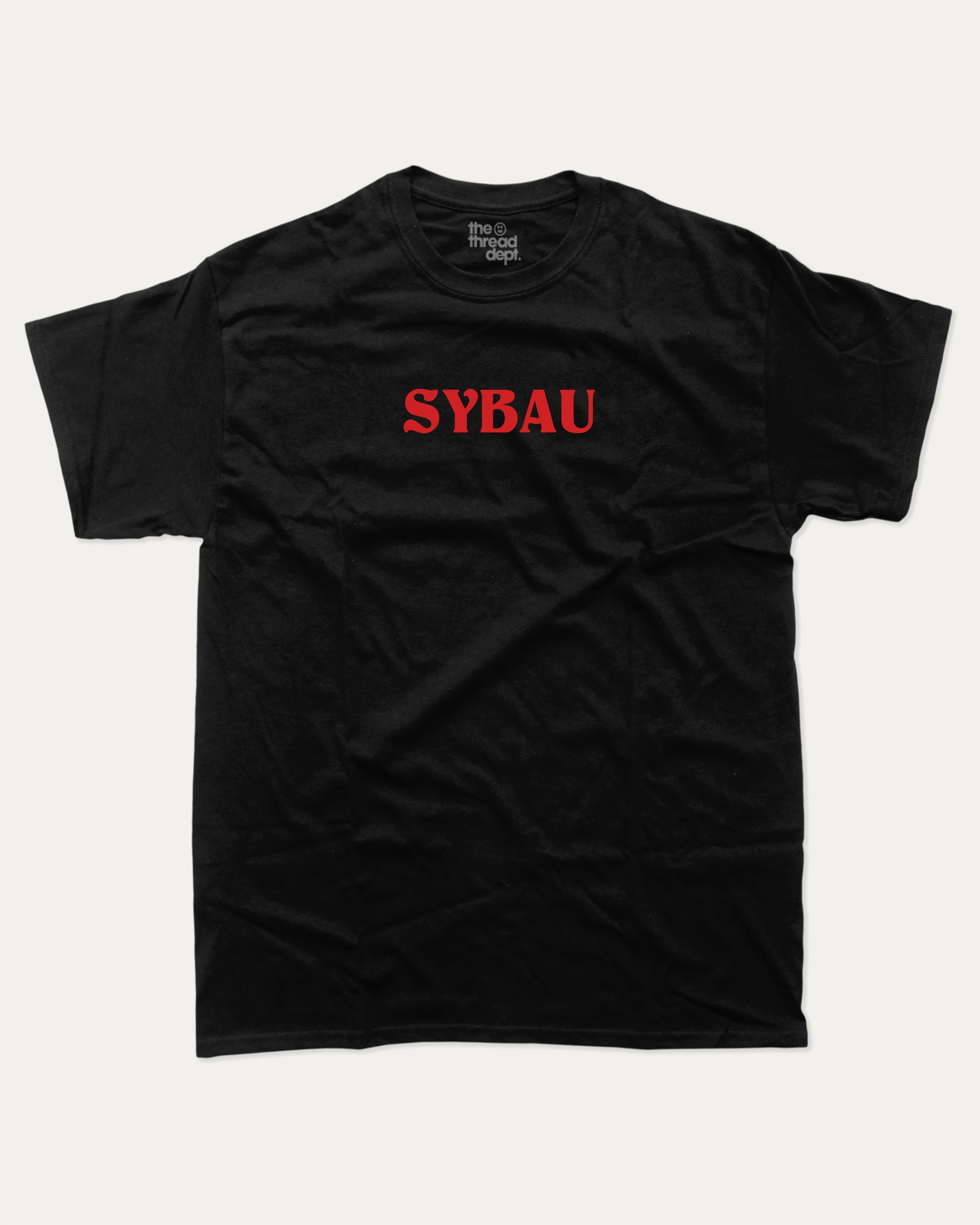 Sybau graphic tee with bold and humorous print, funny and trendy graphic. Perfect for adults and gift-giving. Black shirt.